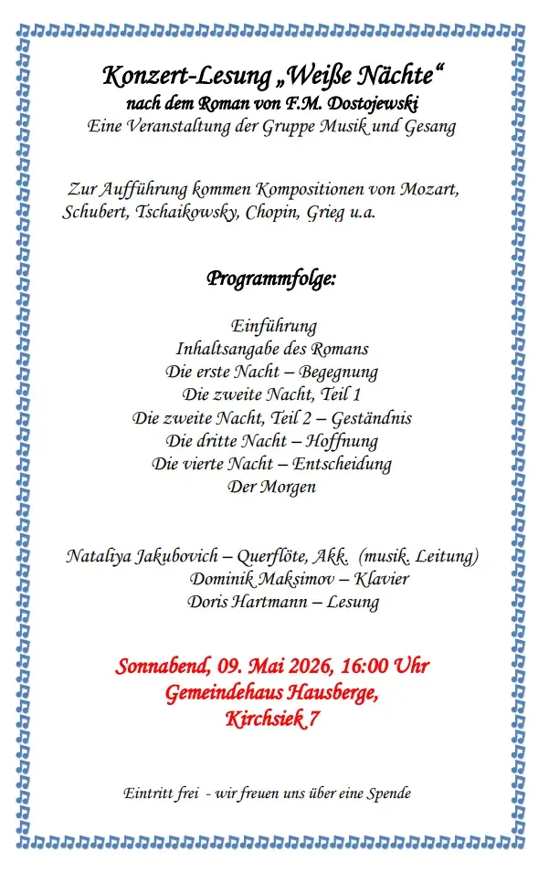 Konzertlesung "Weiße Nächte" 2026 - Flyer